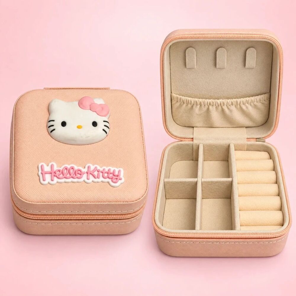 Cute Pink Hello Kitty Travel Jewelry Box Kawaii Organizer Case Ring Storage Sanr